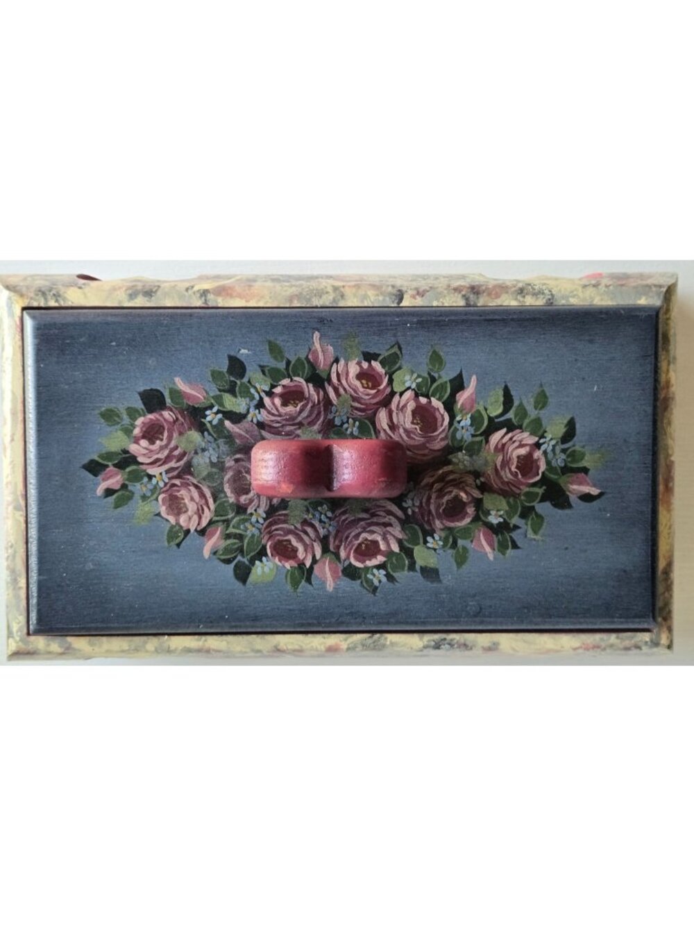 Painted Folk Art Wooden Box with Lid Heart Roses Blue Pink Faux Marble Finish - Picture 5 of 14